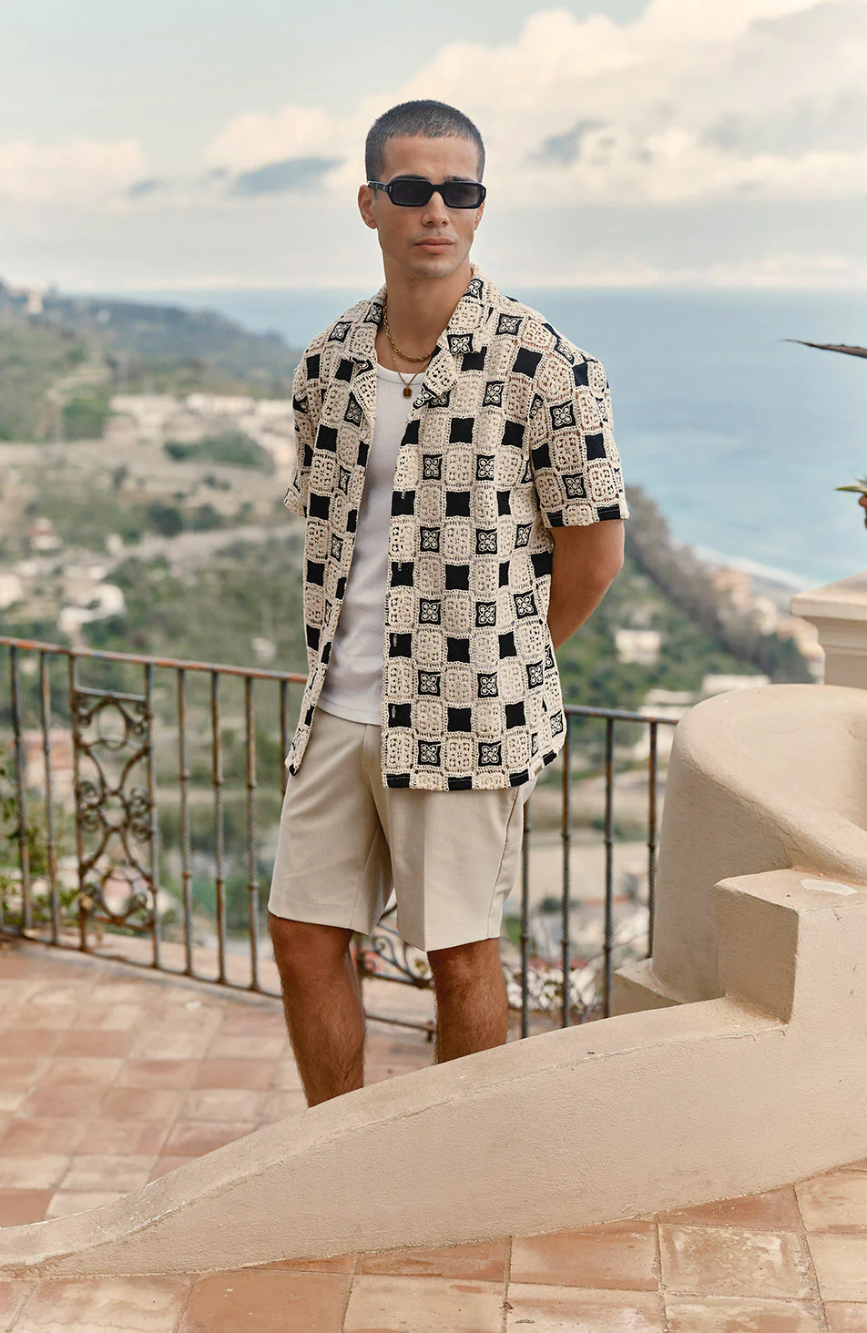 Bellagio Relaxed Checked Crochet Shirt in Black - Image 3