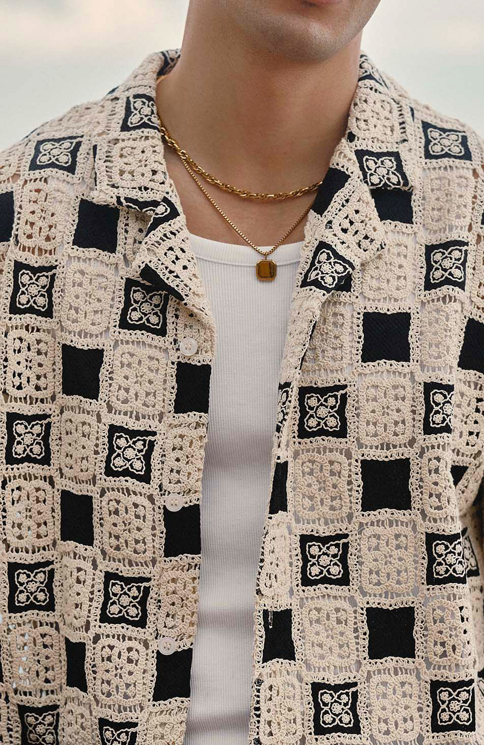 Bellagio Relaxed Checked Crochet Shirt in Black - Image 7