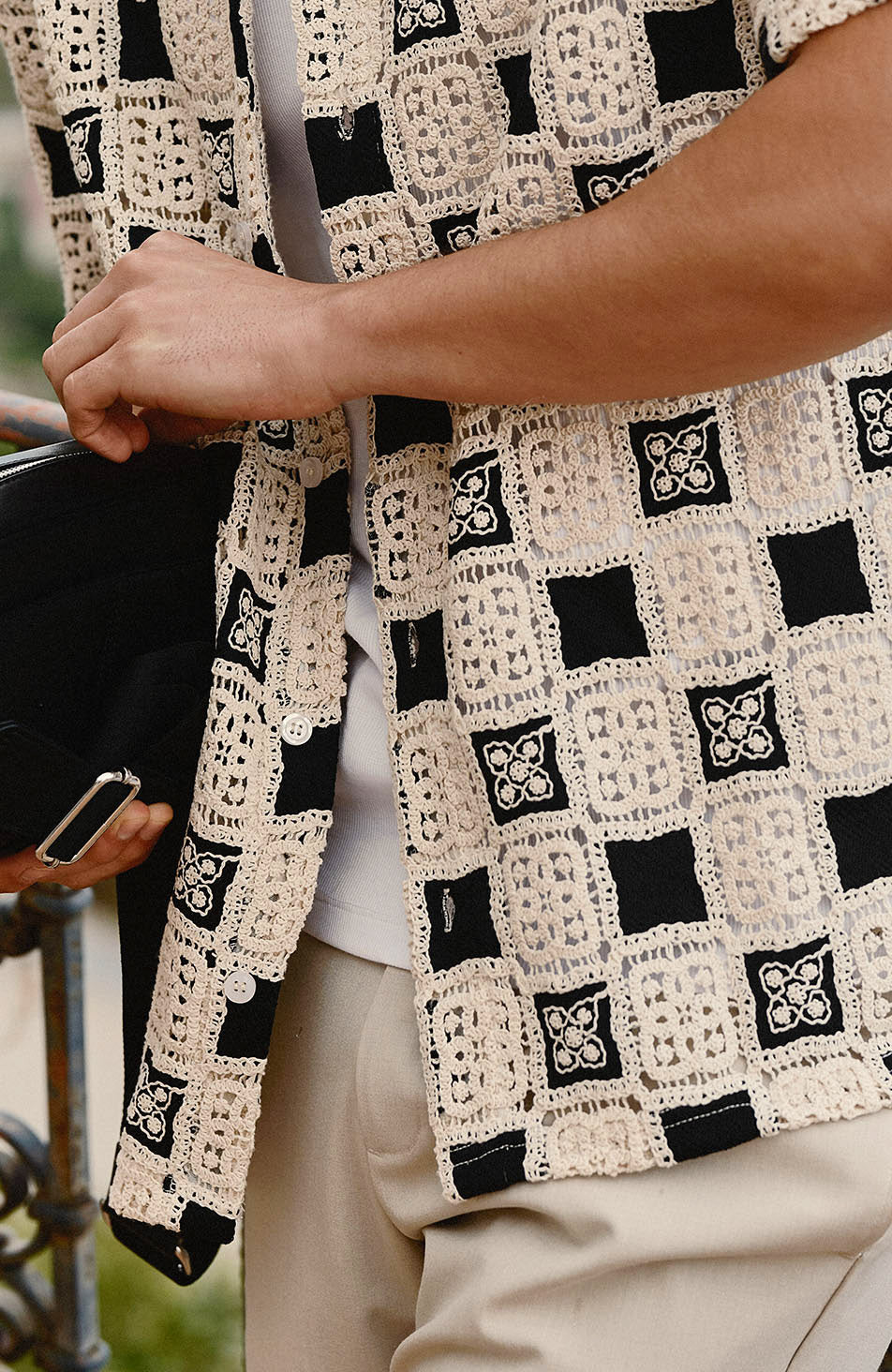 Bellagio Relaxed Checked Crochet Shirt in Black - Image 8