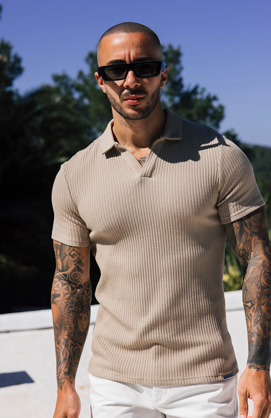 Elysee Slim Ribbed Revere Polo in Beige - Image 5