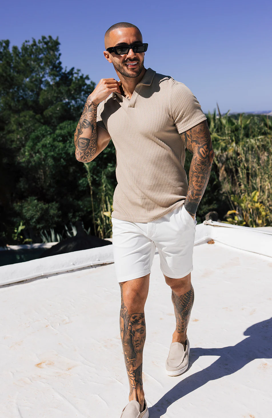 Elysee Slim Ribbed Revere Polo in Beige - Image 6