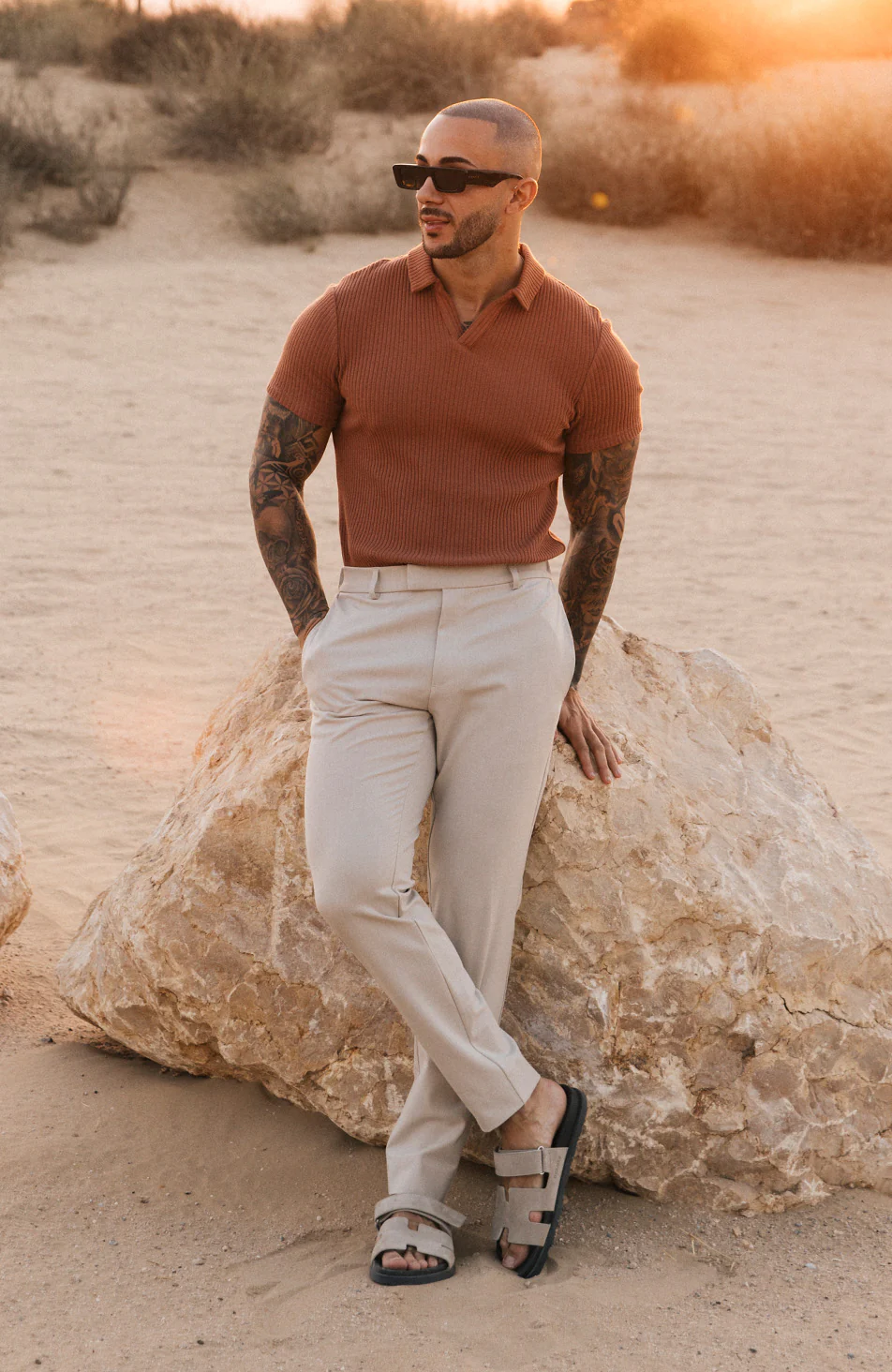 Elysee Slim Ribbed Revere Polo in Caramel - Image 2