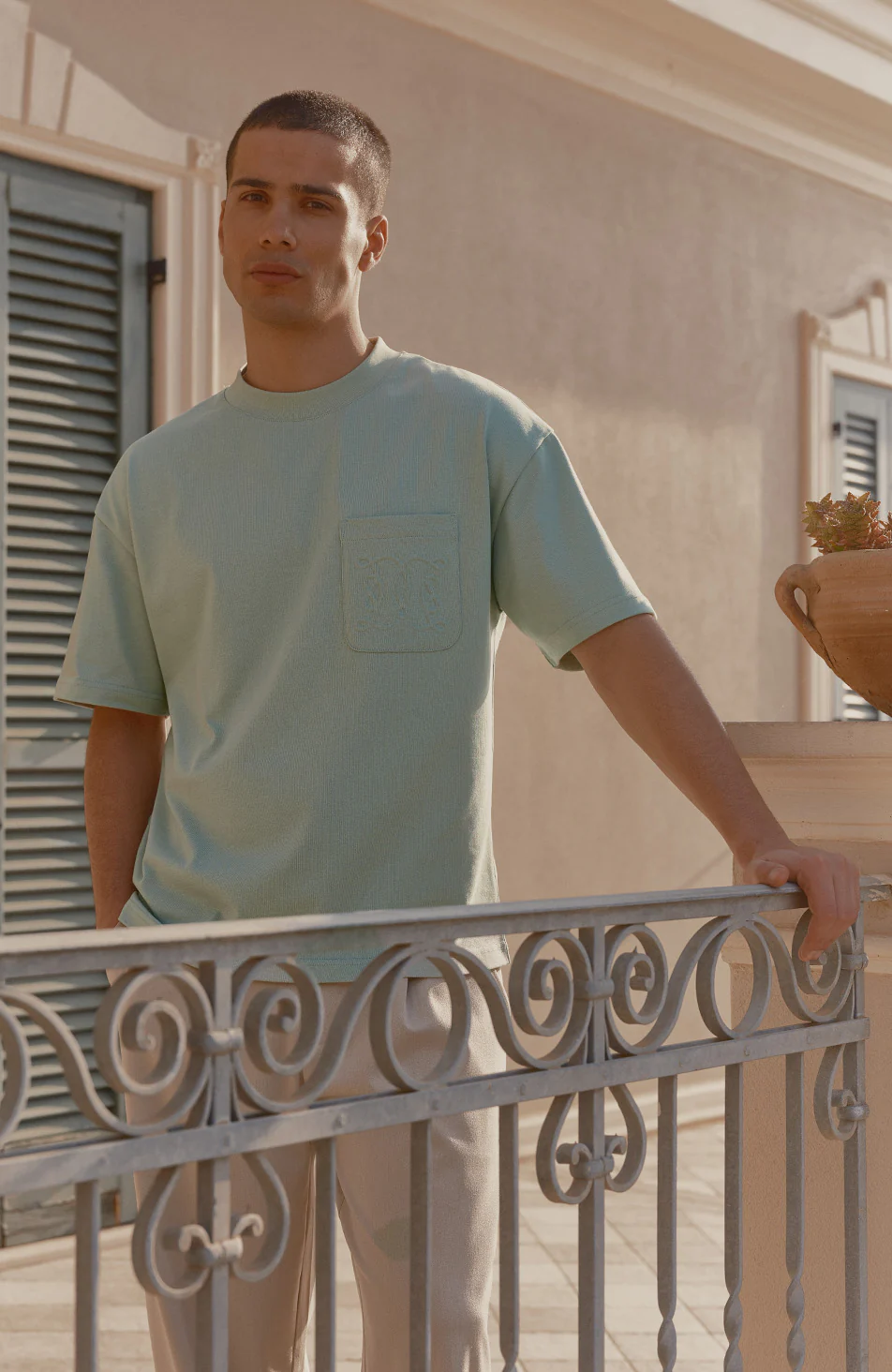 Embossed Monogram Pocket T-Shirt in Mint - Image 4