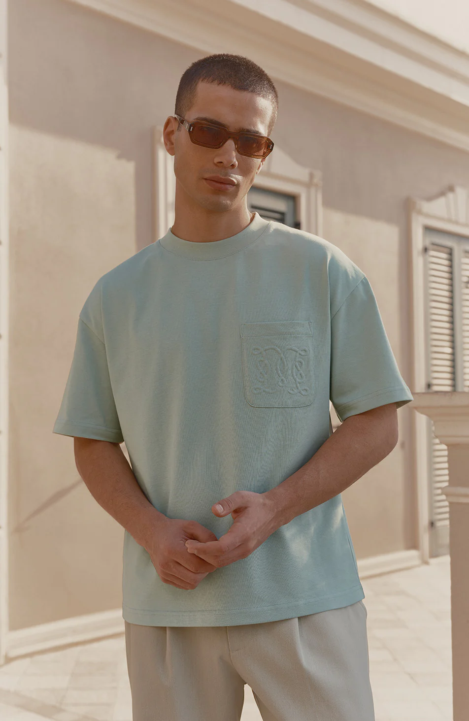 Embossed Monogram Pocket T-Shirt in Mint - Image 6