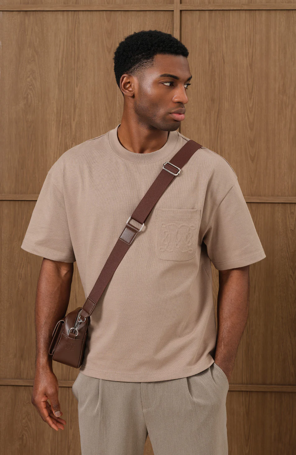 Embossed Monogram Pocket T-Shirt in Taupe - Image 3