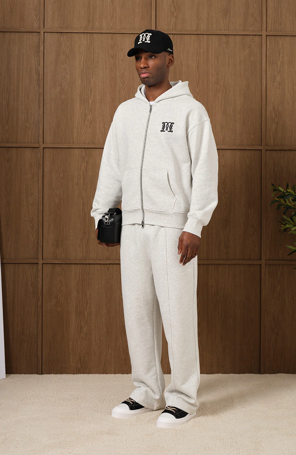 Embroidered Monogram Wide Leg Joggers in Grey Marl - Image 4