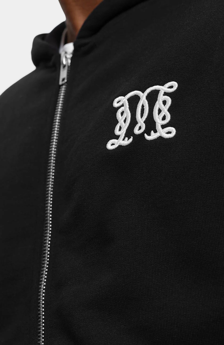 Embroidered Monogram Zip Through Hoodie in Black - Image 3