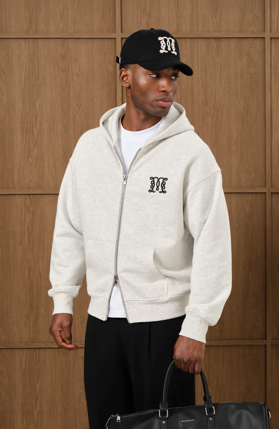 Embroidered Monogram Zip Through Hoodie in Grey Marl - Image 5
