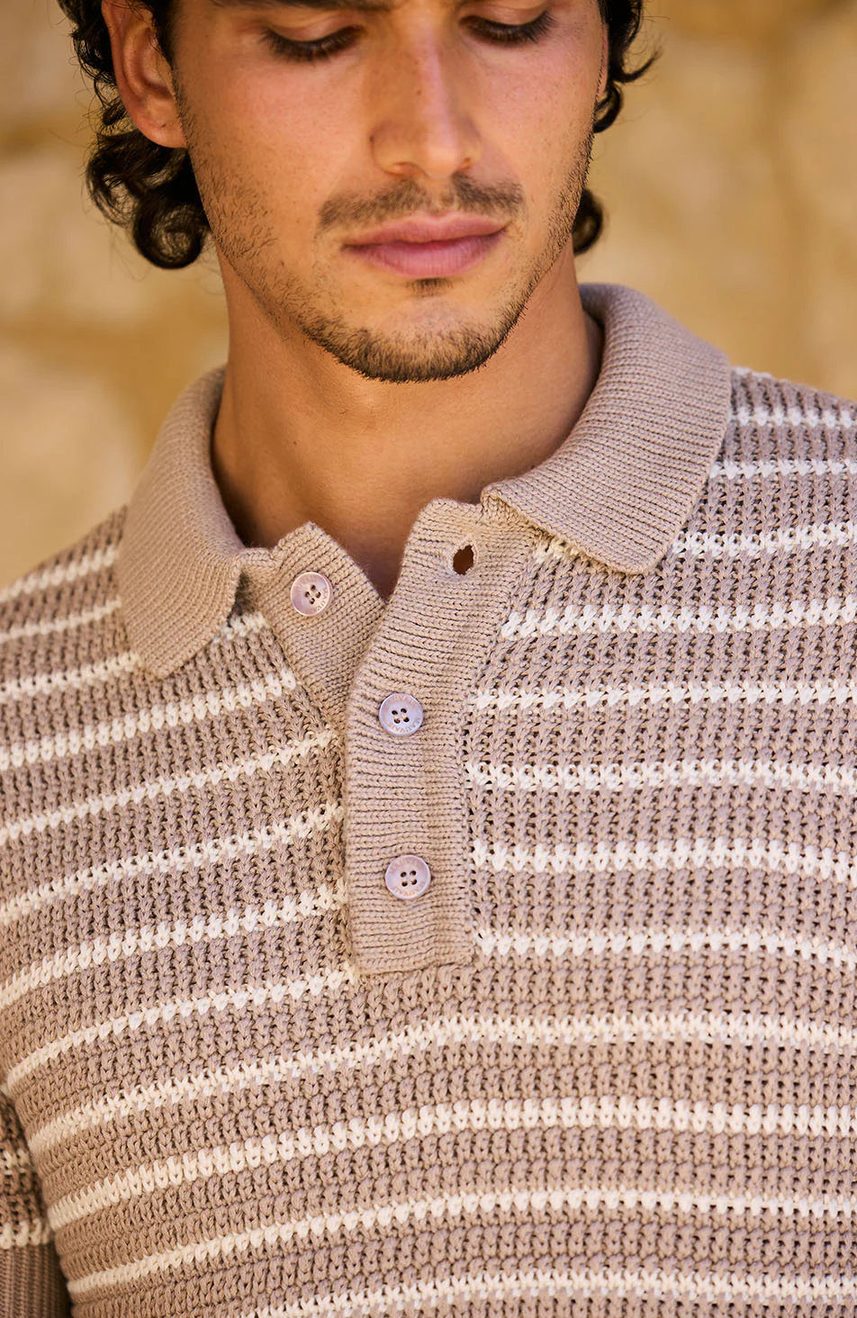 Fontelina Button Placket Knit Stripe Polo in Beige - Image 3