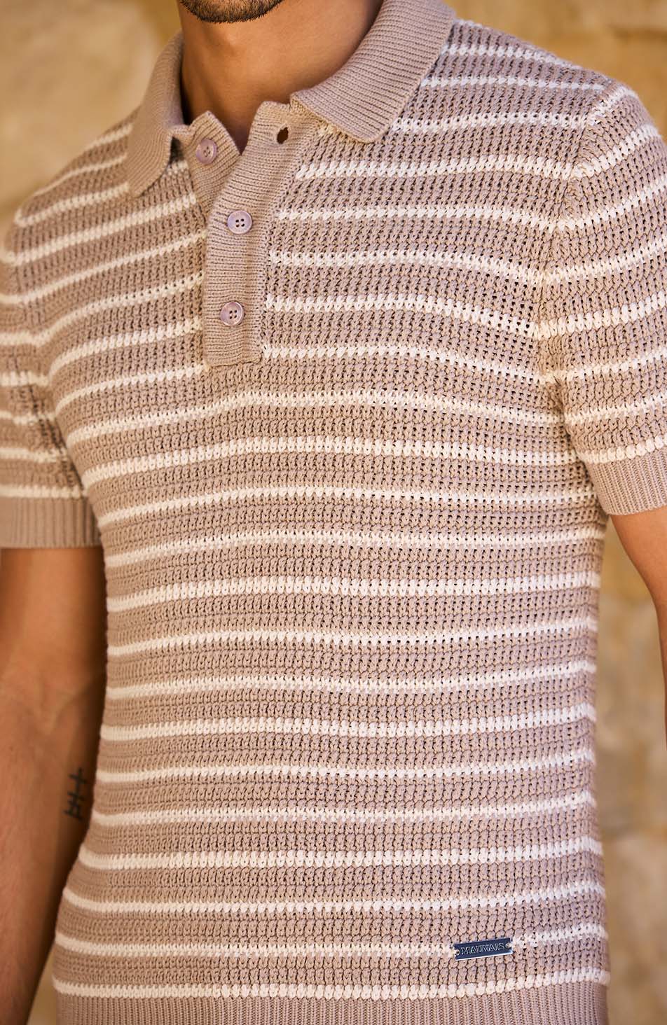 Fontelina Button Placket Knit Stripe Polo in Beige - Image 5