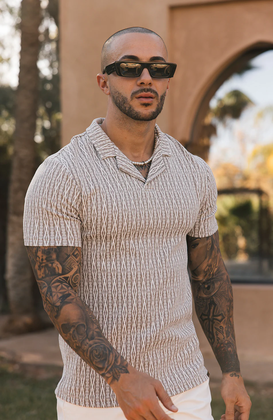 Joali Textured Slim Polo in Beige - Image 5