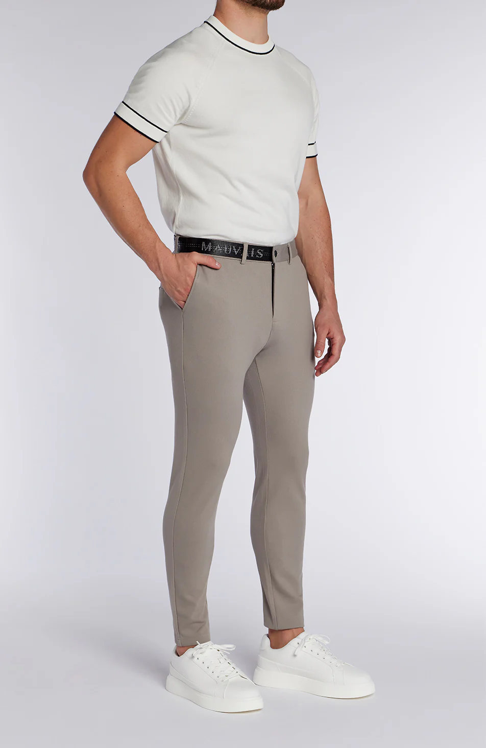 Monaco Trousers with Half Belt in Beige - Image 3