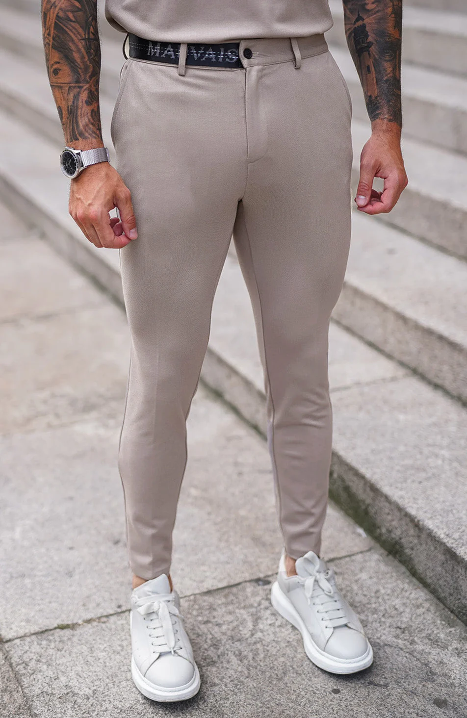 Monaco Trousers with Half Belt in Beige