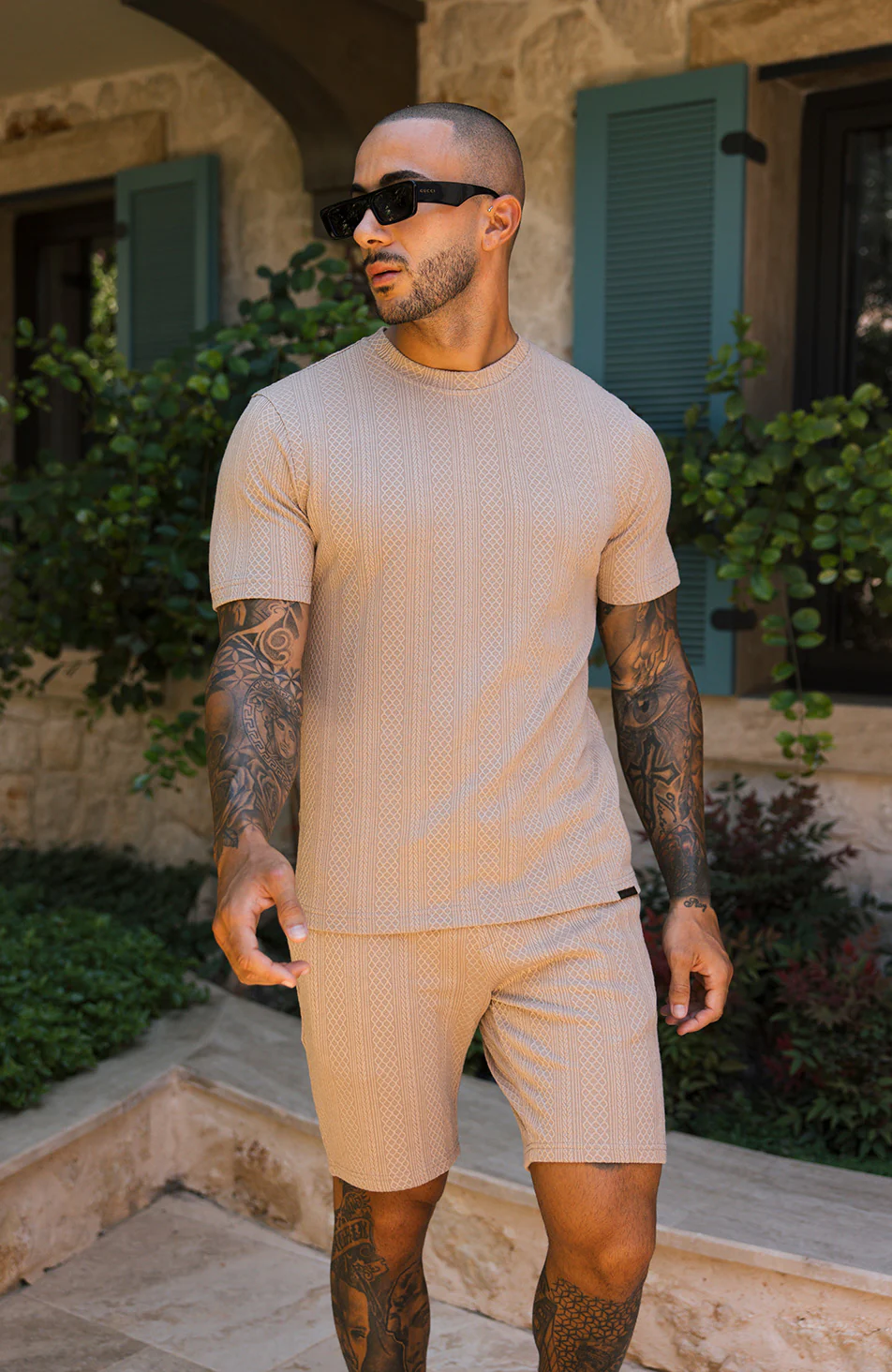 Tanami Textured Stretch Slim Shorts in Beige - Image 7